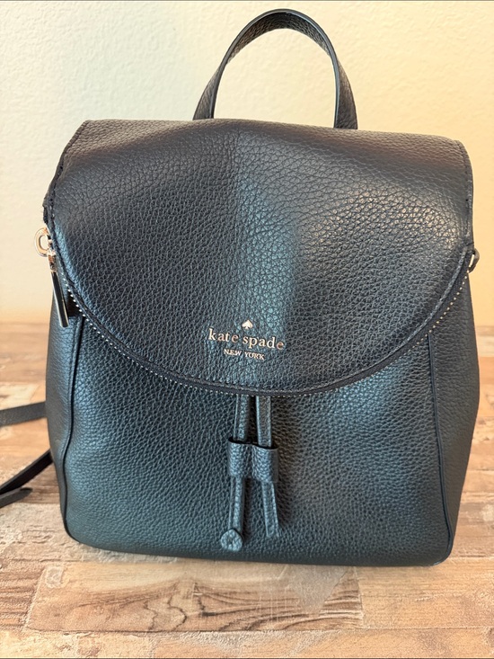 Kate Spade Black Pebbled Leather Flap Backpack